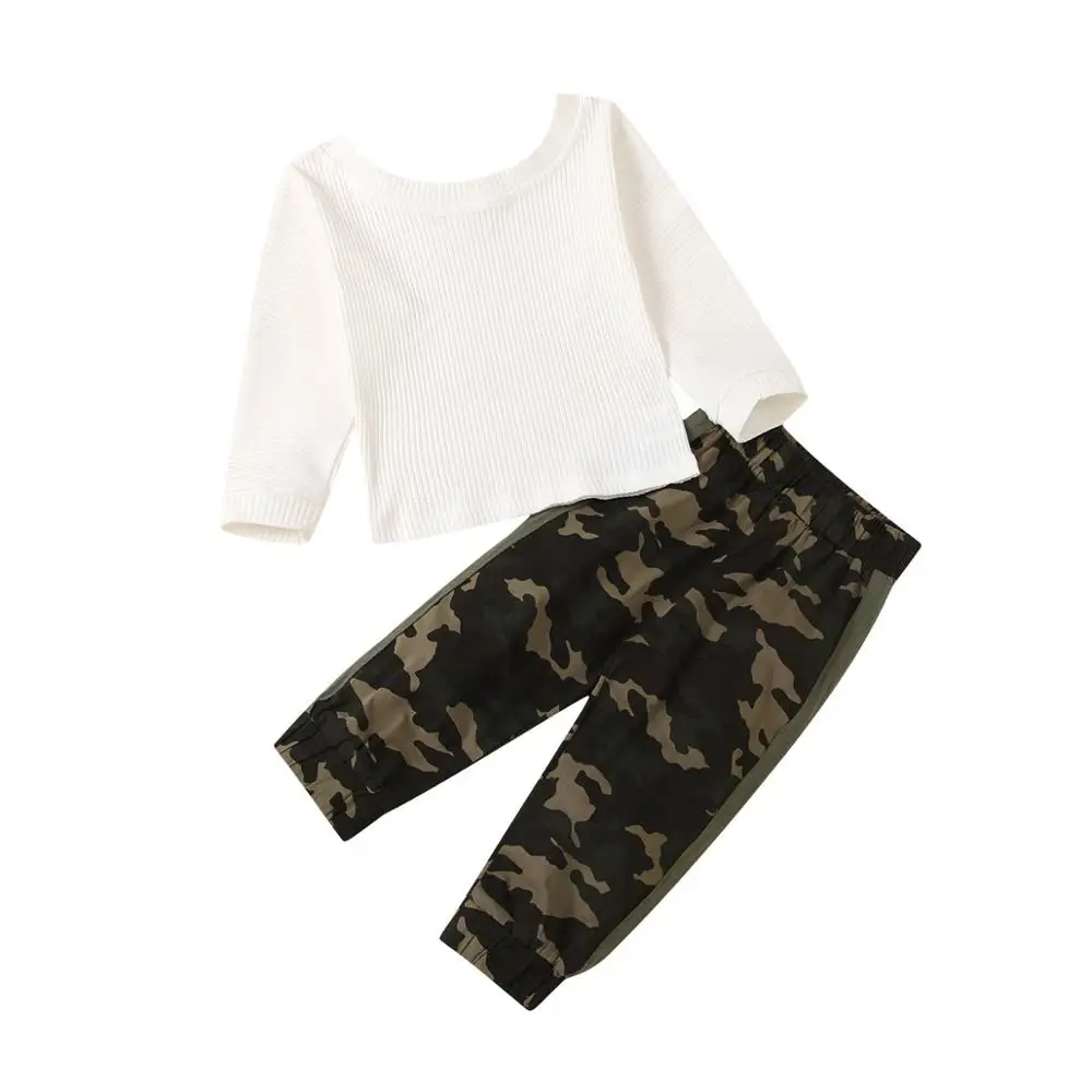 

2021 New Spring Toddler Baby Girls 2pieces Sets Loose Round Neck Casual Long Sleeeve Tops and Camo Trousers Girls Suits Sets