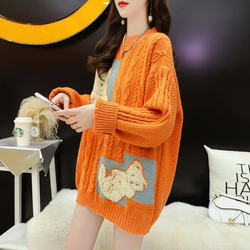 

DAYIFUN High Quality Sweater Oversize Cartoon Print O Neck Pullover Splice Knitted Twist Vintage Harajuku Chic Loose Sweaters