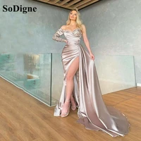 sodigne satin mermaid evening dress one long sleeves sequin women formal dress with high side slit prom party gowns 2021