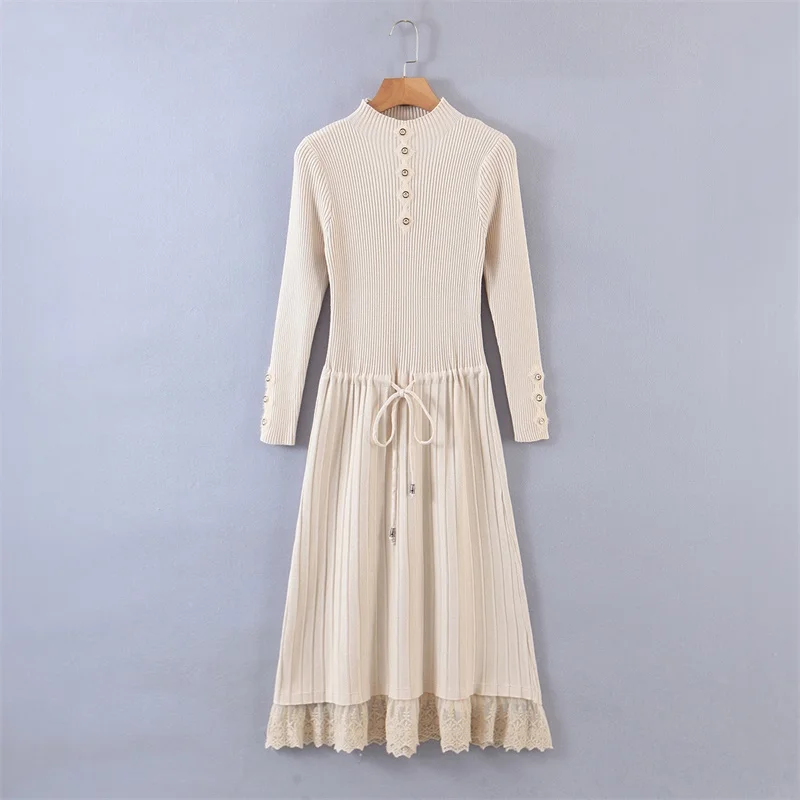 Женская осенне-зимняя трикотажная плиссированная юбка с воротником-стойкой и