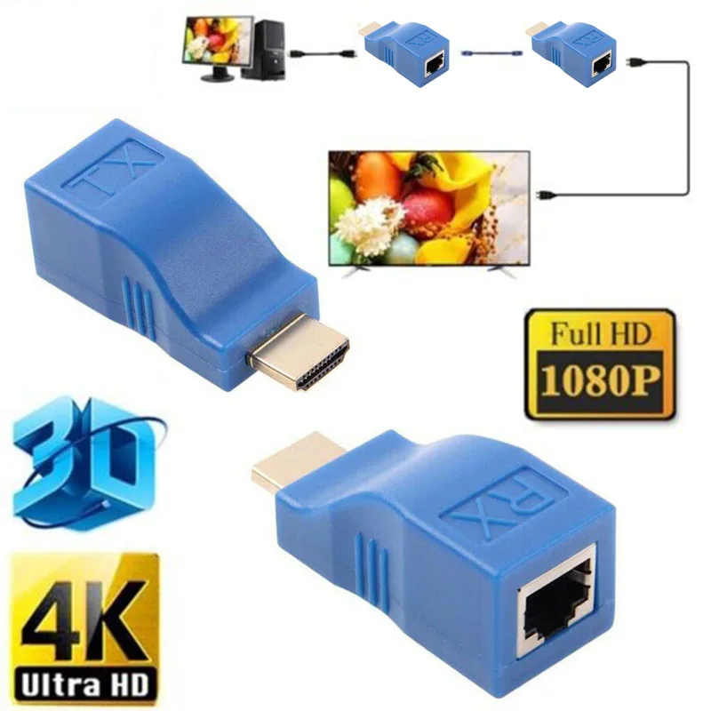 

2pcs 1080P HDMI Extender To RJ45 Over Cat 5e/6 Network LAN Ethernet HDTV Adapter Over Kat 6 Netwerk Lan Ethernet Adapter Blauw