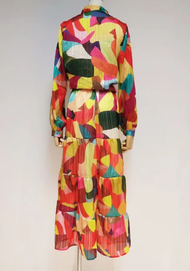 

2021 summer elegant temperament lapel long sleeves color contrast color splicing belt waist dress MIDI skirt