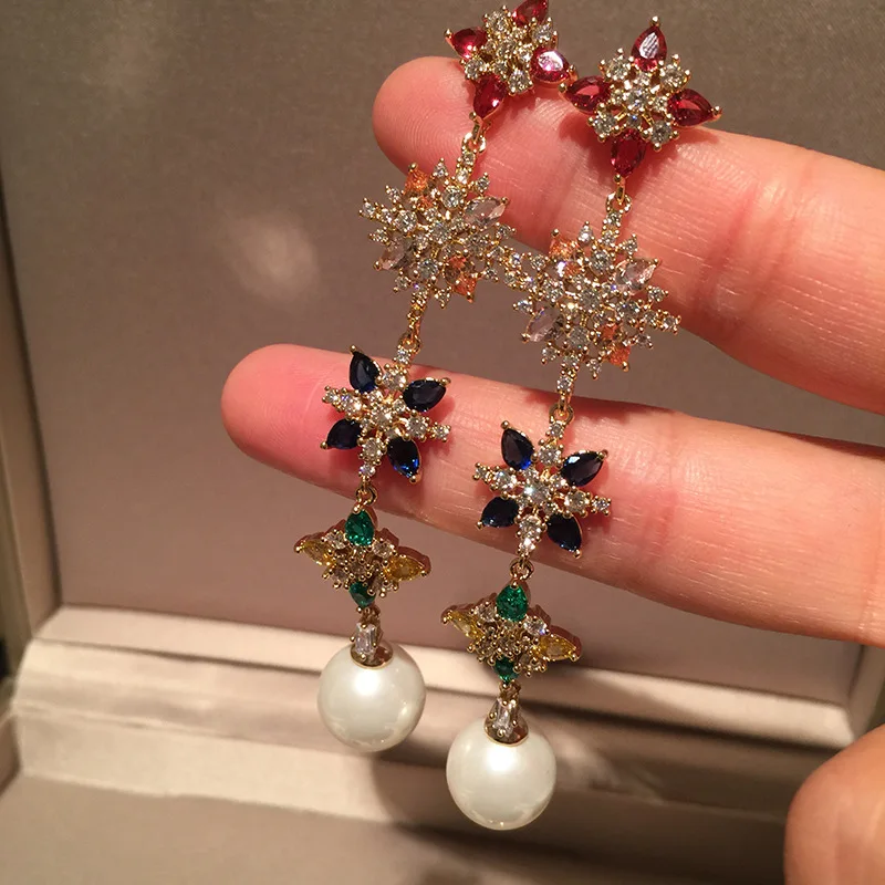 

fashion colorful cz flower with white pearl drop Korean trendy earring for women tassel earings aretes de mujer modernos 2020