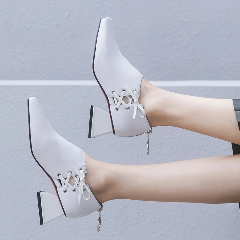Jual Asli Niat Fashion Kulit Asli Sepatu Wanita Renda Hitam Putih Sipke Sepatu Hak Tinggi Kualitas Square Toe Sepatu Wanita Mature