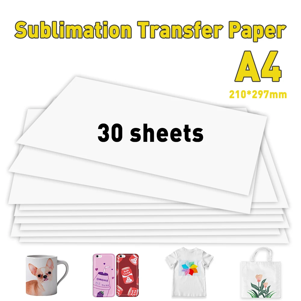 30 Sheets A4 Paper Sublimation Heat Transfer Paper Print Ion on Fabric Clothes T-shirt with Sublimation Ink for Inkjet Printer