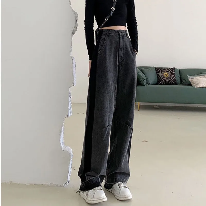 

Spring Autumn Women Trousers Strip High Waist Wide-leg Jeans 2021 Fashion Loose Mopping Trousers With Raw Edges Mom Washed Pants