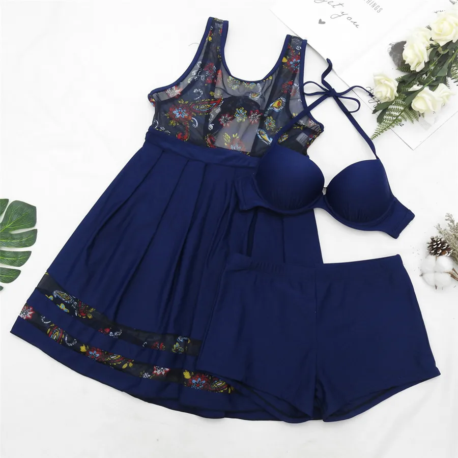 Новый купальник большого размера женский Цельный с принтом лямкой на шее