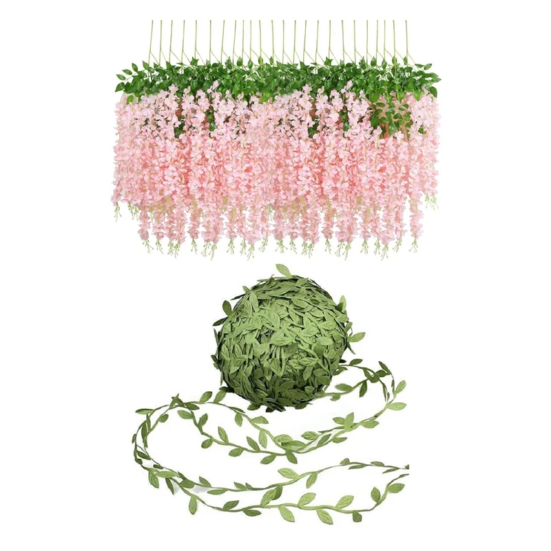 

24 Pcs Artificial Fake Wisteria Vine Hanging Garland Silk Flowers & 1 Pcs Artificial Green Leaves