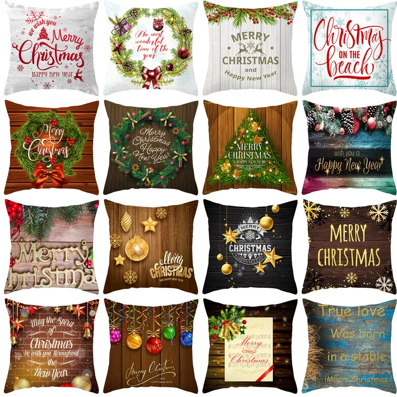 

Christmas Cushion Cover for Home Decor Letters Pine Cones Wreath Wood Grain Pillow Cover 45x45cm Xmas Decor Polyester Pillowcase