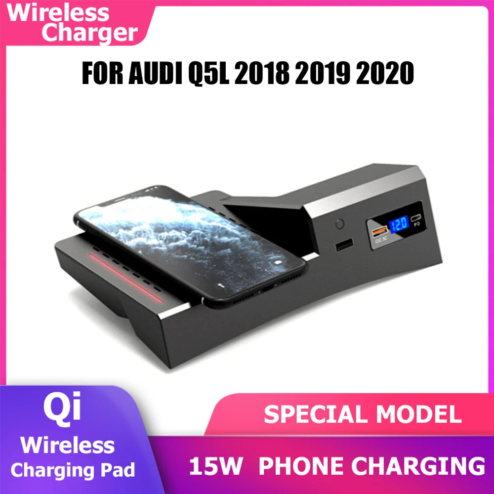 Car Wireless Charger Wireless Fast Charging for Audi Q5L 2018 2019 2020 Cigarette Lighter Installation Accessories Storage Box