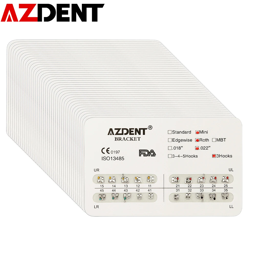 

AZDENT 20 Packs Dental Orthodontics Metal Brackets Braces Mini Roth/MBT/Edgewise 022/018 Hooks 3/345