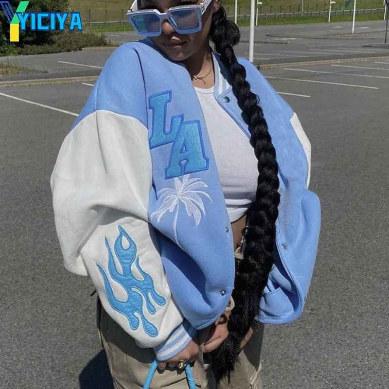 

2021 Blue Brown Autumn Winter Oversized Casual Long Sleeve Bomber Jacket Baseball Women Vintage Loose Embroidery Fashion Varsity