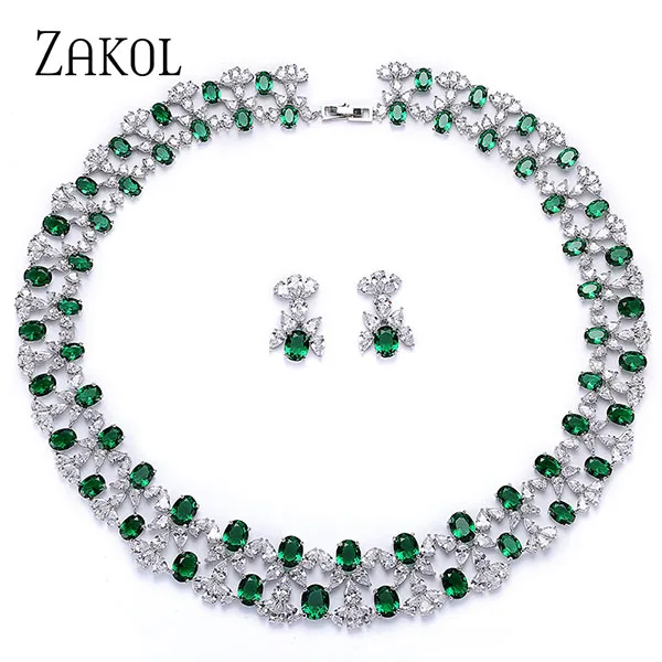Green ZAKOL роскошные женские Ювелирные наборы Цветок проложить Циркон ожерелье серьги набор прозрачных ювелирных изделий для невесты свадебный ужин платье FSSP296 - Окраска металла: Green