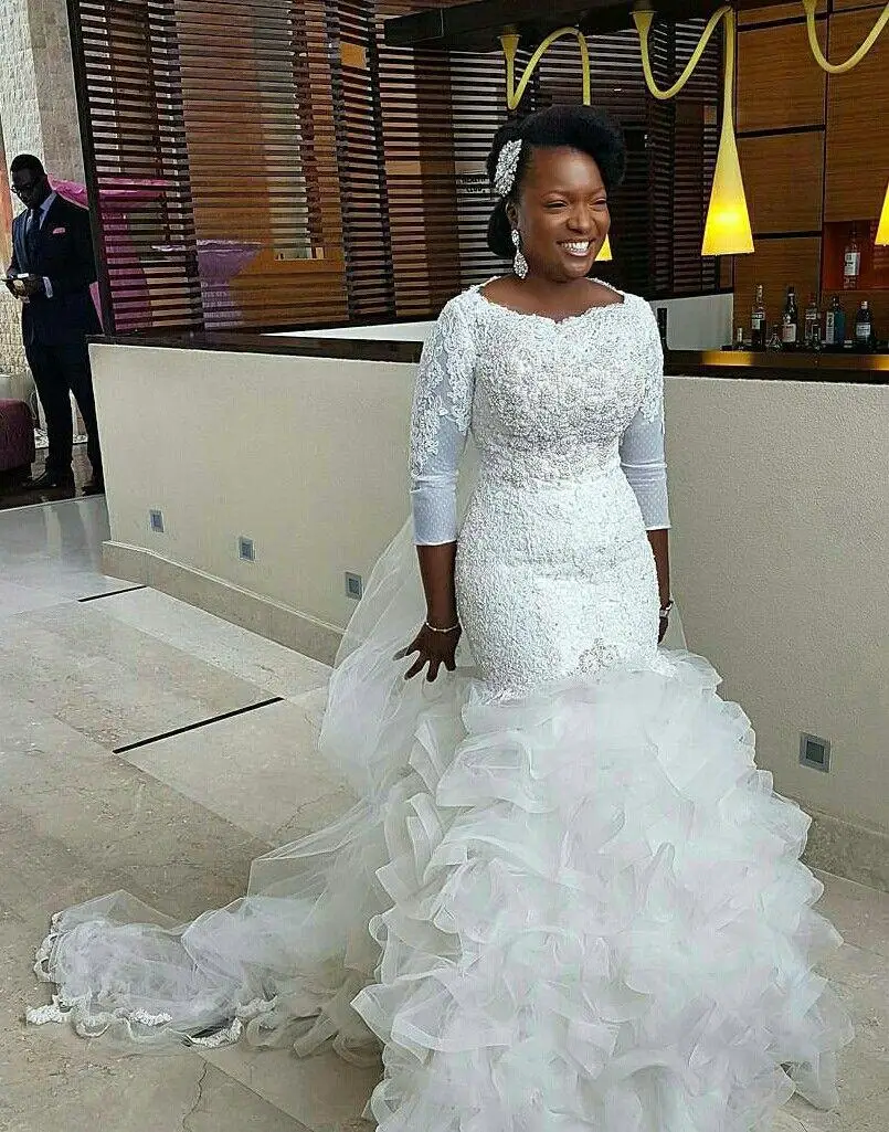 Женское свадебное платье с юбкой годе элегантное кружевное рукавом 3/4 круглым