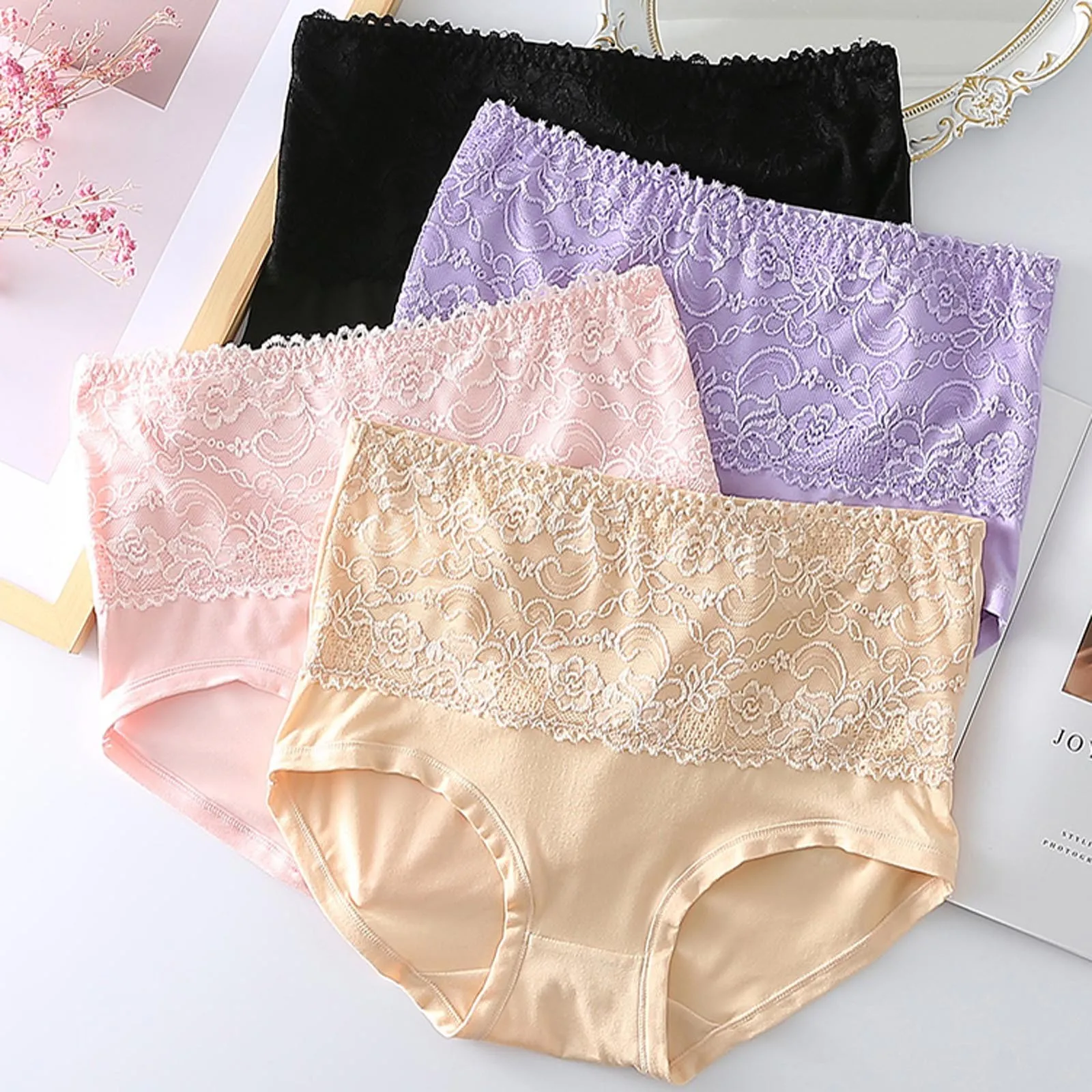 

4PC Plus Size Women's Panties Lace Underwear Female Lingerie Breathable Briefs Cotton Bottom Knickers High-Waist Underpants 6XL