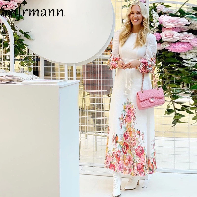 Женское модельное платье-миди Seifrmann, элегантное вечернее платье с рукавами-фонариками, бантом и цветочным принтом, осень 2021