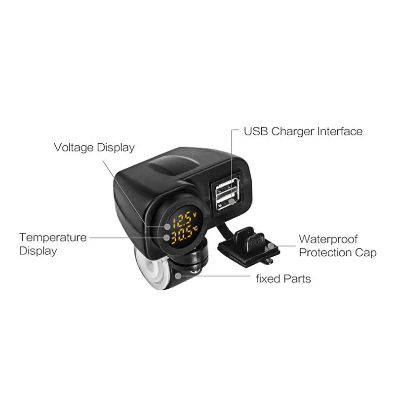 

Multifunctional Motorbike Phone Charger Motorbike Handlebar Charger With Dual USB Interfaces Voltage Thermometer Waterproof