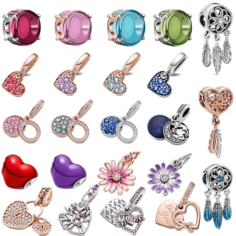 

2021 S925 Sterling Silver Color Sparkle Heart Shape Dreamcatcher Charm Beads Fit Pandora 925 Original Bracelet Necklace Jewelry