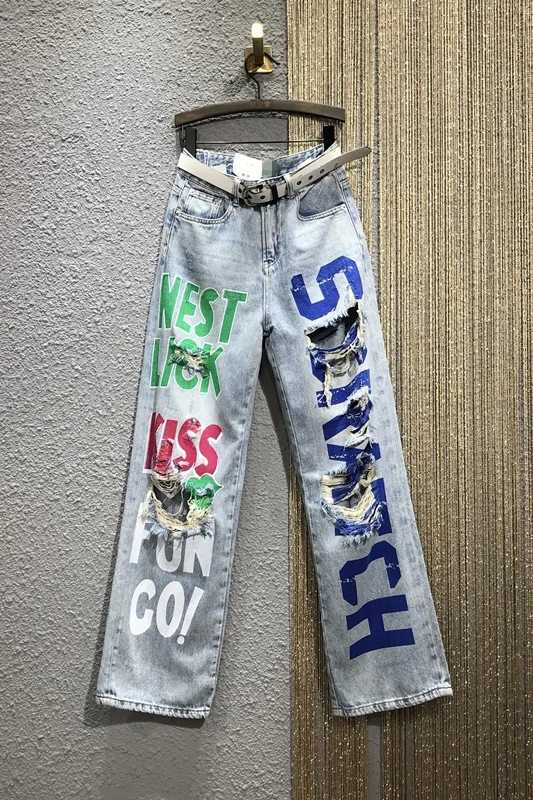 

Streetwear Cool Fashion Women Letter Print Long Blue Jeans Spring New High Waist Straight Ripped Thin Wide Leg Pants