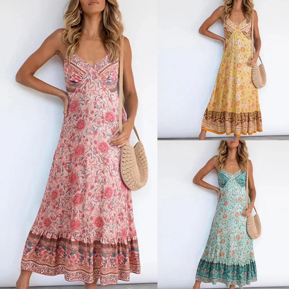

Women Bohemian Maxi Dress Backless Spaghetti Straps Floral Print Dress for Party