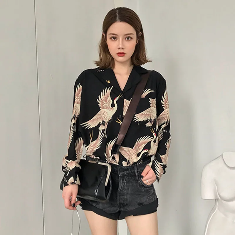 В винтажном стиле С принтом Модные женские блузки 2021 рубашки с длинными рукавами