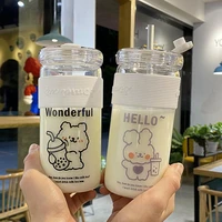 420ml kawaii animal glass water bottle with straw nordic style leakproof breakfast water juice milk tea cup adult kids gift
