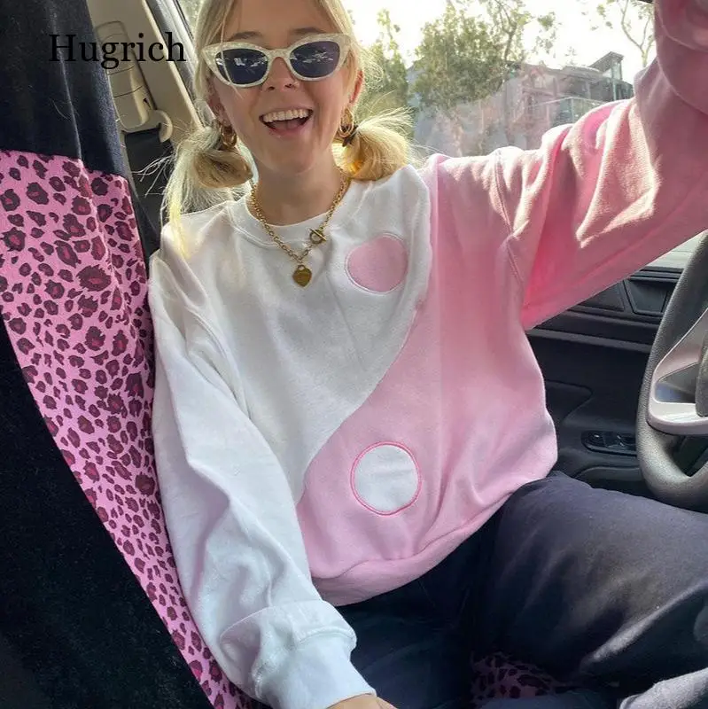 

Женский осенний свитер с капюшоном, повседневный Свободный пуловер контрастных цветов с круглым вырезом и длинным рукавом, розовая толстов...