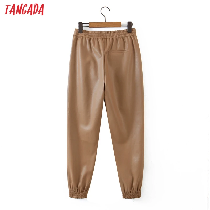 

Tangada Women Khaki PU Leather Pants Stretch Waist Female Autumn Winter Harm Pants Trousers 8H30