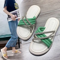 new korean version of the net red slippers flat rhinestone cross open toe leisure beach sandals