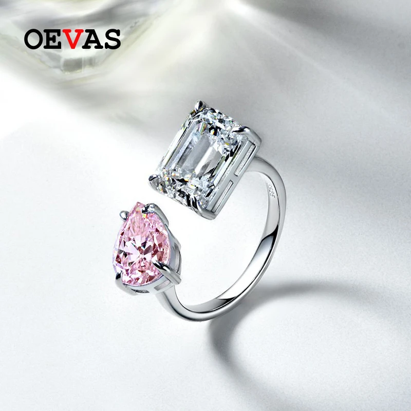 OEVAS 100% 925 Sterling Silver 7*10mm Pink Pear Square High Carbon Diamond Rings For Women Sparkling Wedding Party Fine Jewelry