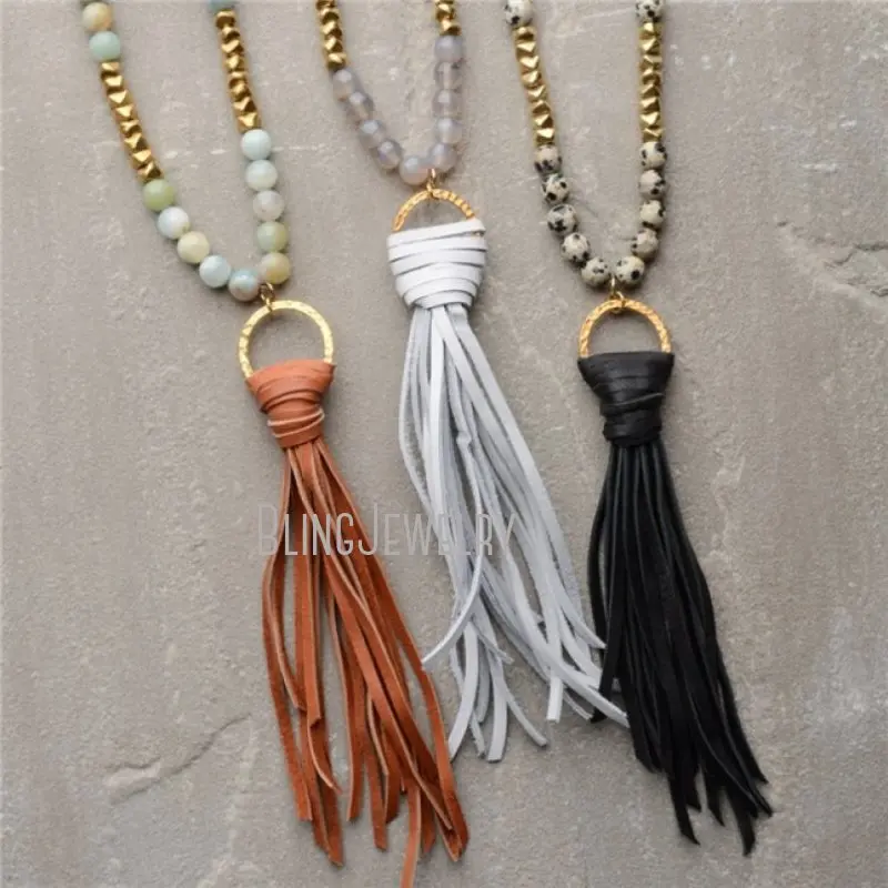 NM20672 Boho Jewelry Long Knot  Stone Beads Black Brown Gray Leather Necklace Female Necklace