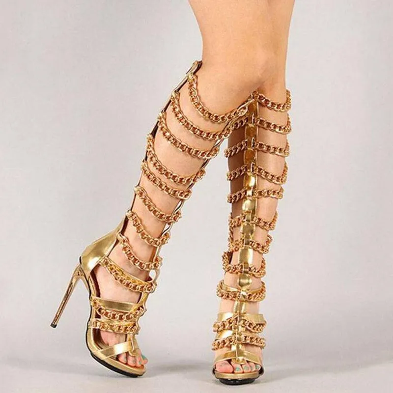

Женские босоножки на цепочке, золотистые/Серебристые сапоги до колена, с вырезами, на высоком каблуке, сандалии-гладиаторы, большой размер 35-43, для лета