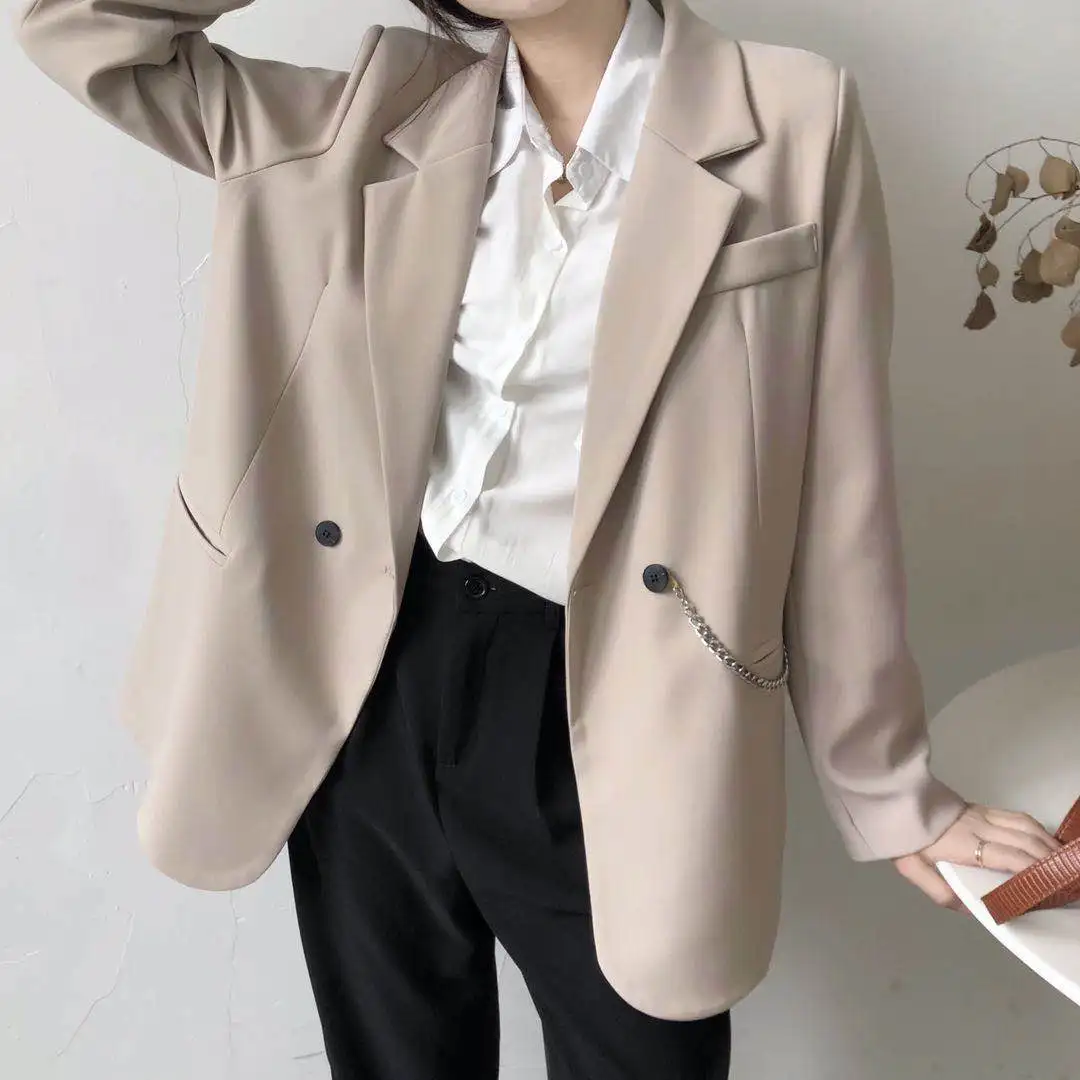 

HziriP Outerwear Loose Chic Blazers Jacket Streetwear 2021 Vintage Casual Women All Match Fashion Minimalist Office Lady Coats