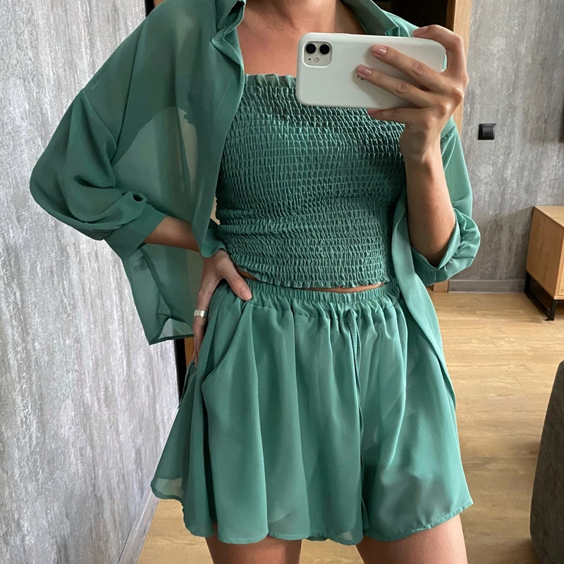 

Женский комплект из трех предметов, шифоновая блузка, жилет и широкие шорты, летний костюм для защиты от солнца