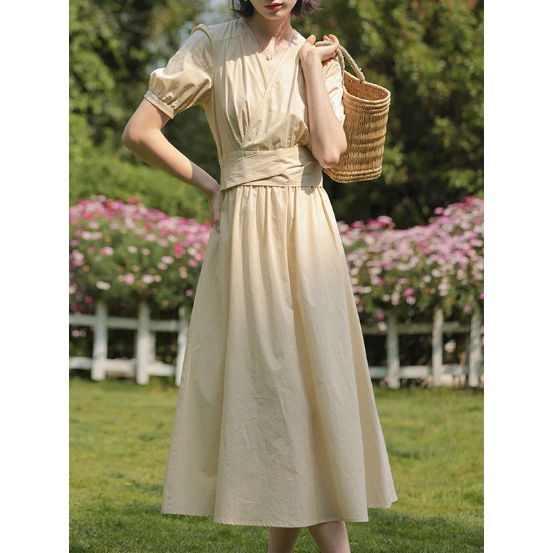 

French Retro Tea Break Skirt Puff Sleeve Long Skirt Tight Waist Fresh Sweet First Love Yellow V-neck 077