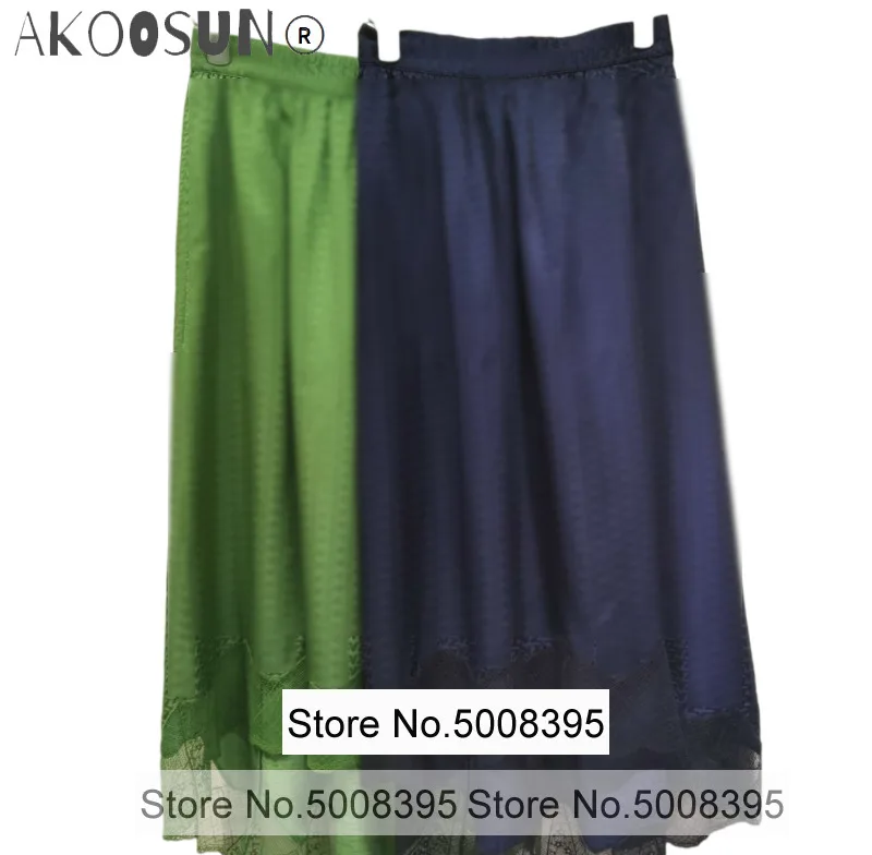 

2021SS Woman Navy Green Silk Letters Print Asymmetric Midi Skirt Eleastic Waistband Lace Embroidered Hem Fashion Skirts