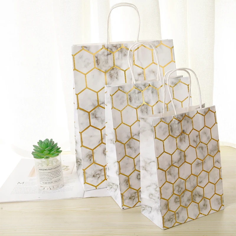 

10Pcs Bronzing marbled Festival Gift Bag Kraft Shopping Bags DIY Multifunction Recyclable Paper Bag With Handles