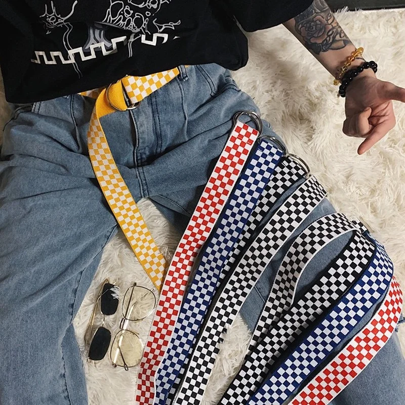 

1PCs Women Canvas Plaid Belt Female Checkerboard Belt Casual Waist Black White Checkered Hip Hop Double D Ring Buckle Long Belts
