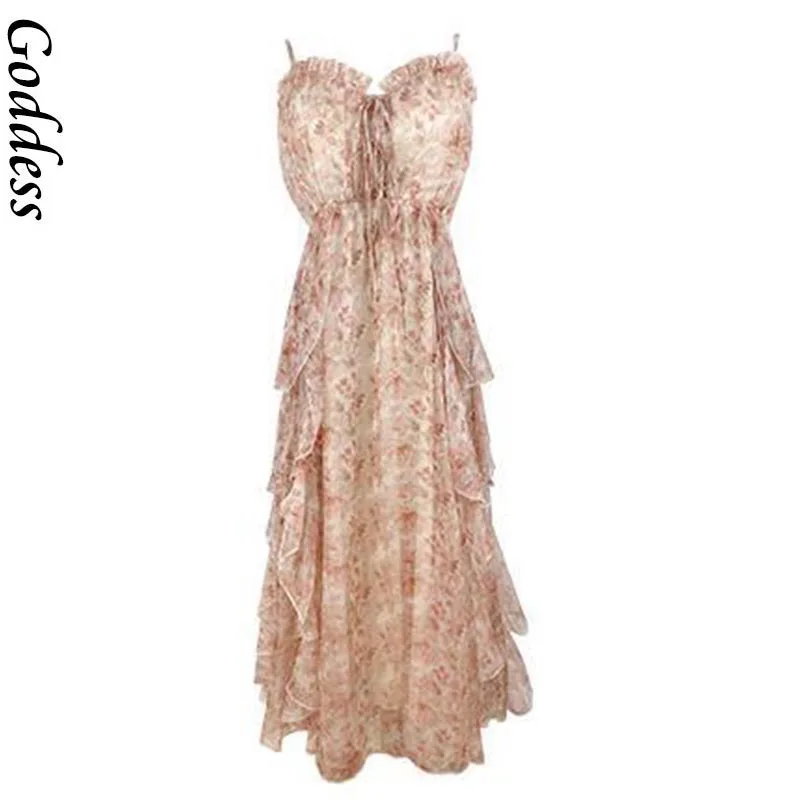 

Elegant Chiffon Women Retro Sexy Sweet Dress Fit Chic Spaghetti Strap Lace-up Corset Dress Holiday Beach Summer Print Dress 2021