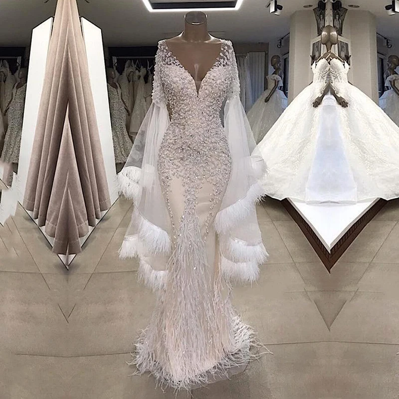 

Eightale Luxury Evening Dress with Feather V-Neck Beaded Cap Sleeves White Mermaid Prom Gown Long Sleeve Party Dresses 2020
