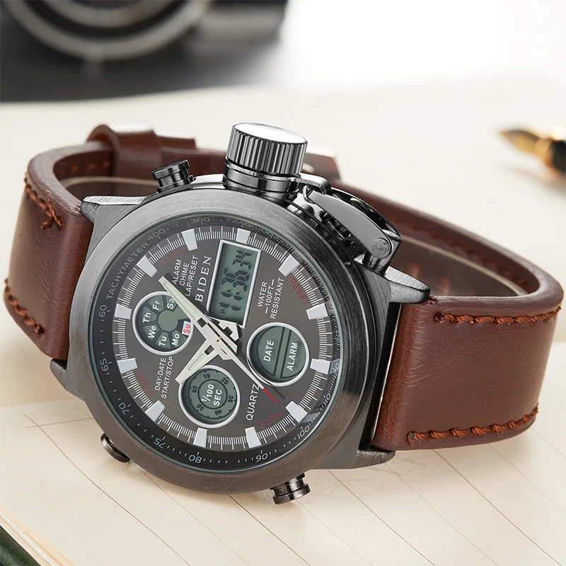 BIDEN 0031 цифровые часы модные мужские электронные с кожаным ремешком ТПУ