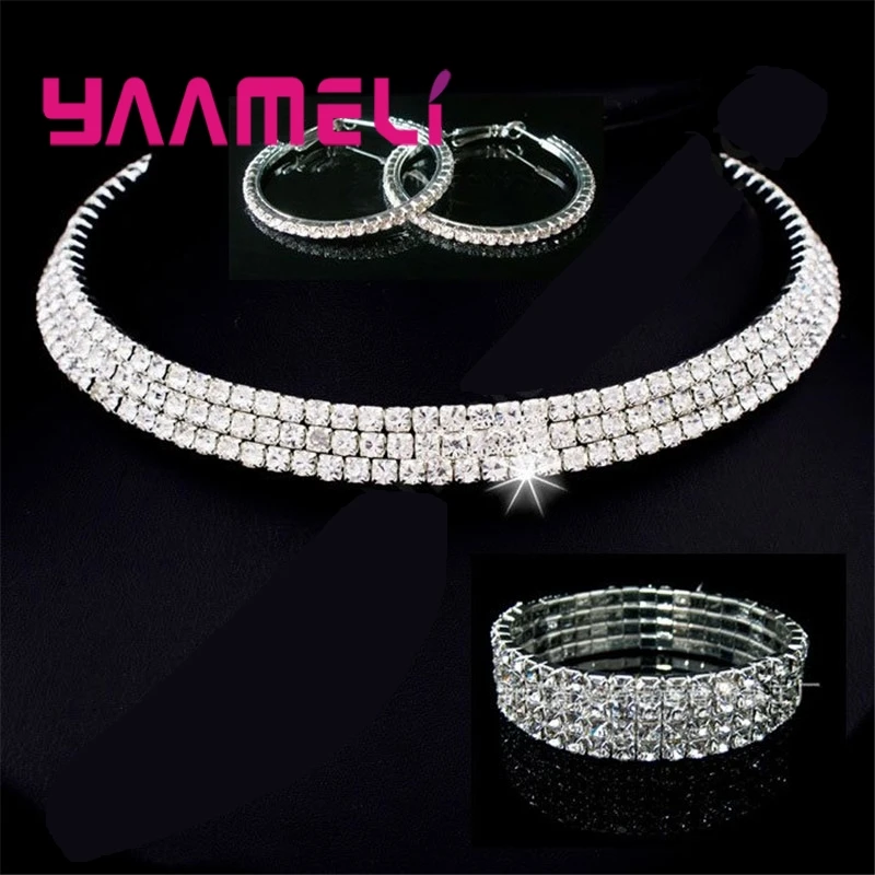 Набор ювелирных изделий для невесты "Горячая распродажа" из серебра 925 прекрасно сверкающих кристаллов с родированным покрытием: колье, серьги, браслет для помолвки и свадьбы.