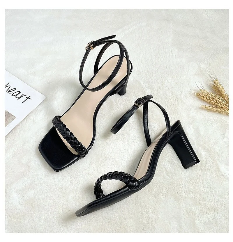 

2020 Summer Sandals Shoes Woman Square High Heels Sexy Ankle Strap Sandal Office Ladies Career Casual Party Women