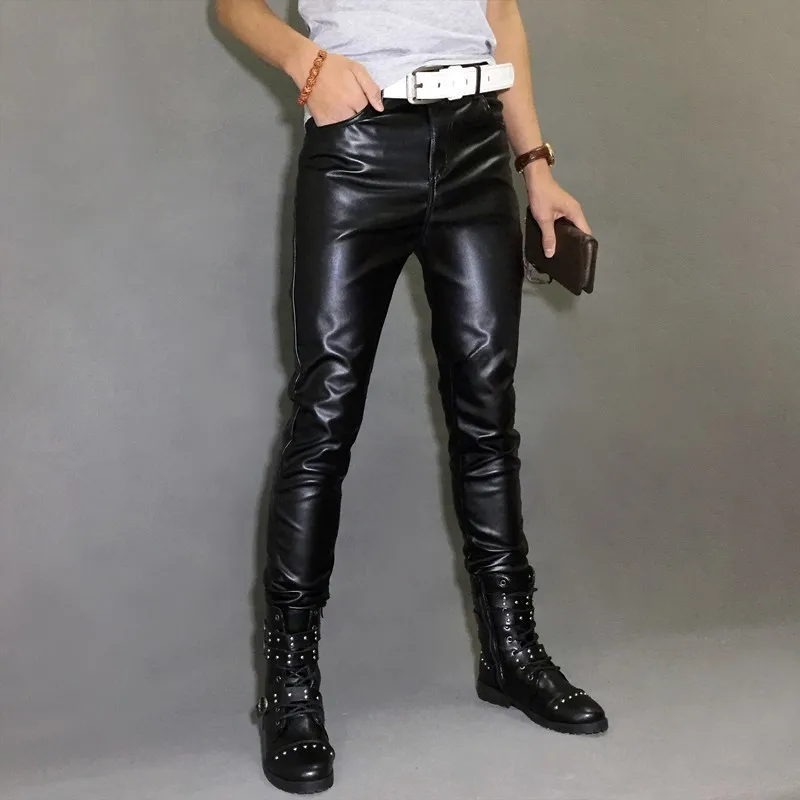 Мужские брюки из искусственной кожи обтягивающие мотоциклетные байкерские
