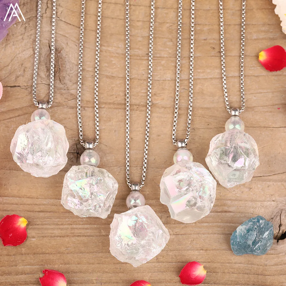

Natural Aura White Quartz Rough Irregular Perfume Bottle Pendant Necklace Women Crystal Stone Rainbow Diffuser Oil Vial Necklace