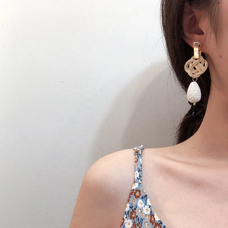 Женские Ротанговые висячие серьги ручной работы Длинные круглые из ротанга и