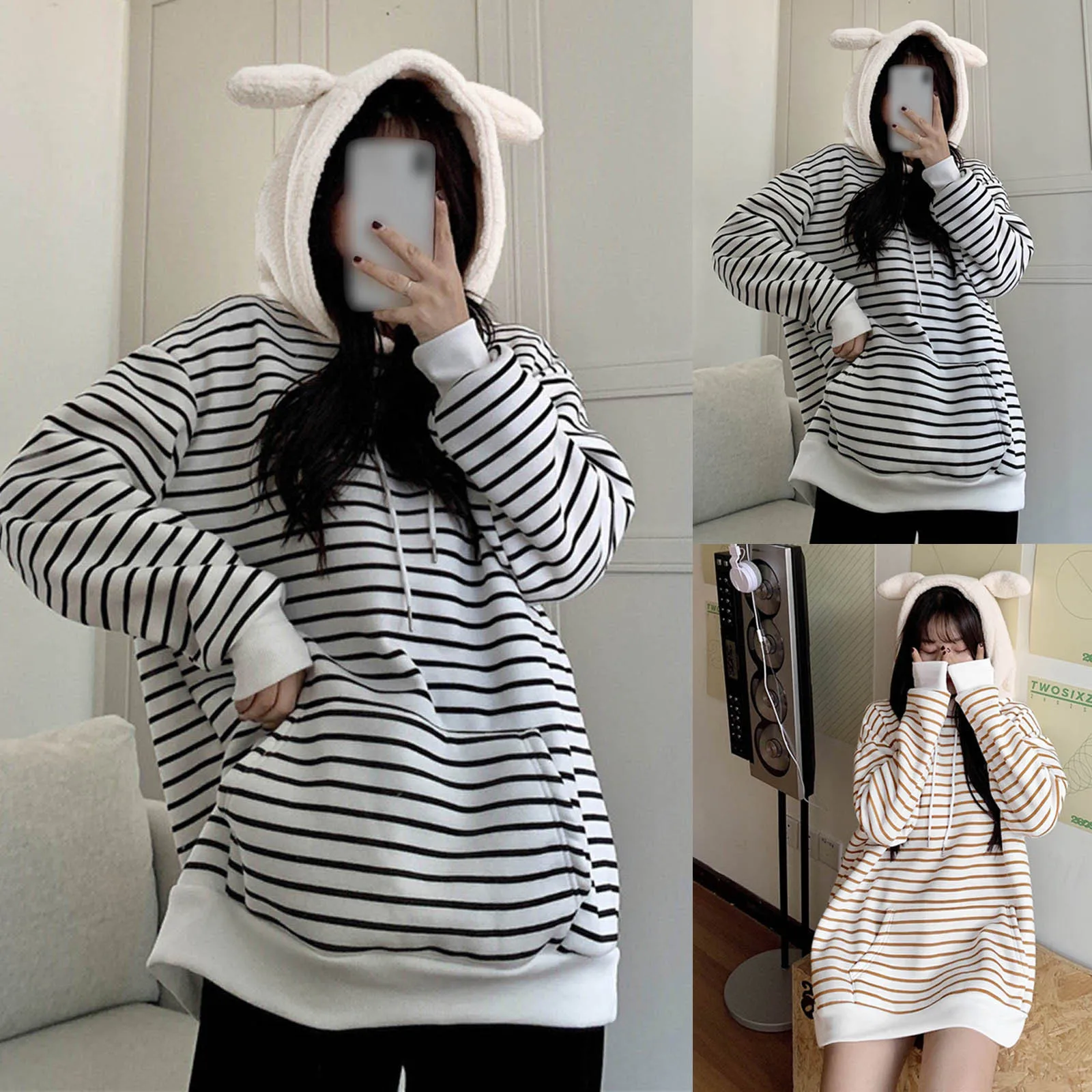 

Fashion Women's Striped Pocket Hooded Winter Warm Loose Plush Long Sleeved Hoodies Kawaii Cartoon Ear Hooded Sweatshirt Clothing