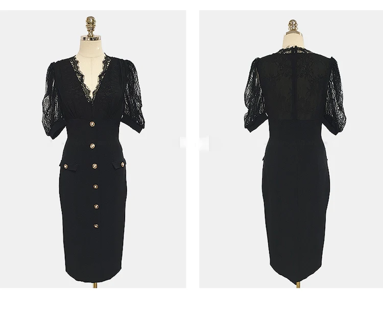 

2020 Winter Korea OL V-Neck Slim Lace Patchwork Bodycon Office Pencil Midi Single Breasted Women's Work Dress