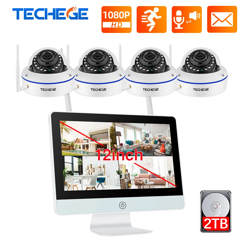 Techege Plug and Play 8CH Беспроводной NVR комплект 12 дюймов LCD 1080P HD Vandalproof IP камера ночного