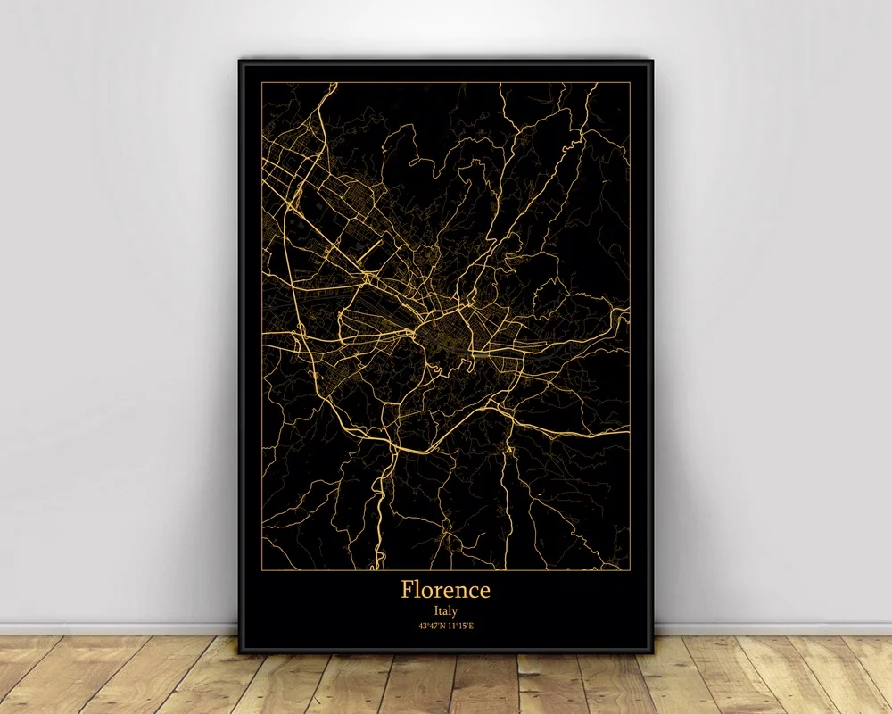 

Florence Italy Black&Gold City Light Maps Custom World City Map Posters Canvas Prints Nordic Style Wall Art Home Decor